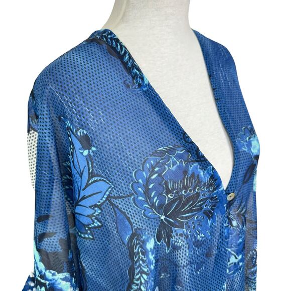 Chico's NWT S/M Button Front Floral Ruana Blue White Print Sheer Layer Blouse - Picture 10 of 15